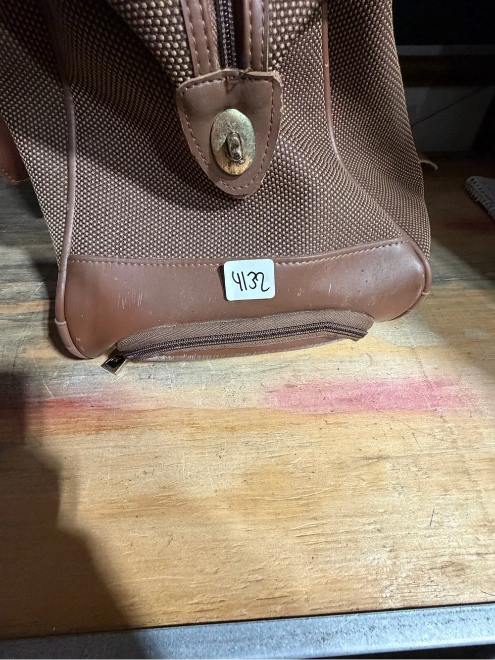 #4132-London Fog Brown Textured Tote with Leather Trim